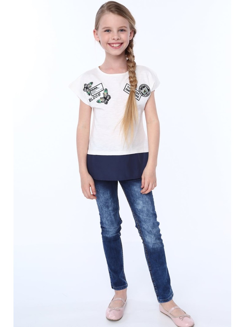 Girls\' T-shirt made of combined materials, cream, NDZ8212 - Online store - Boutique